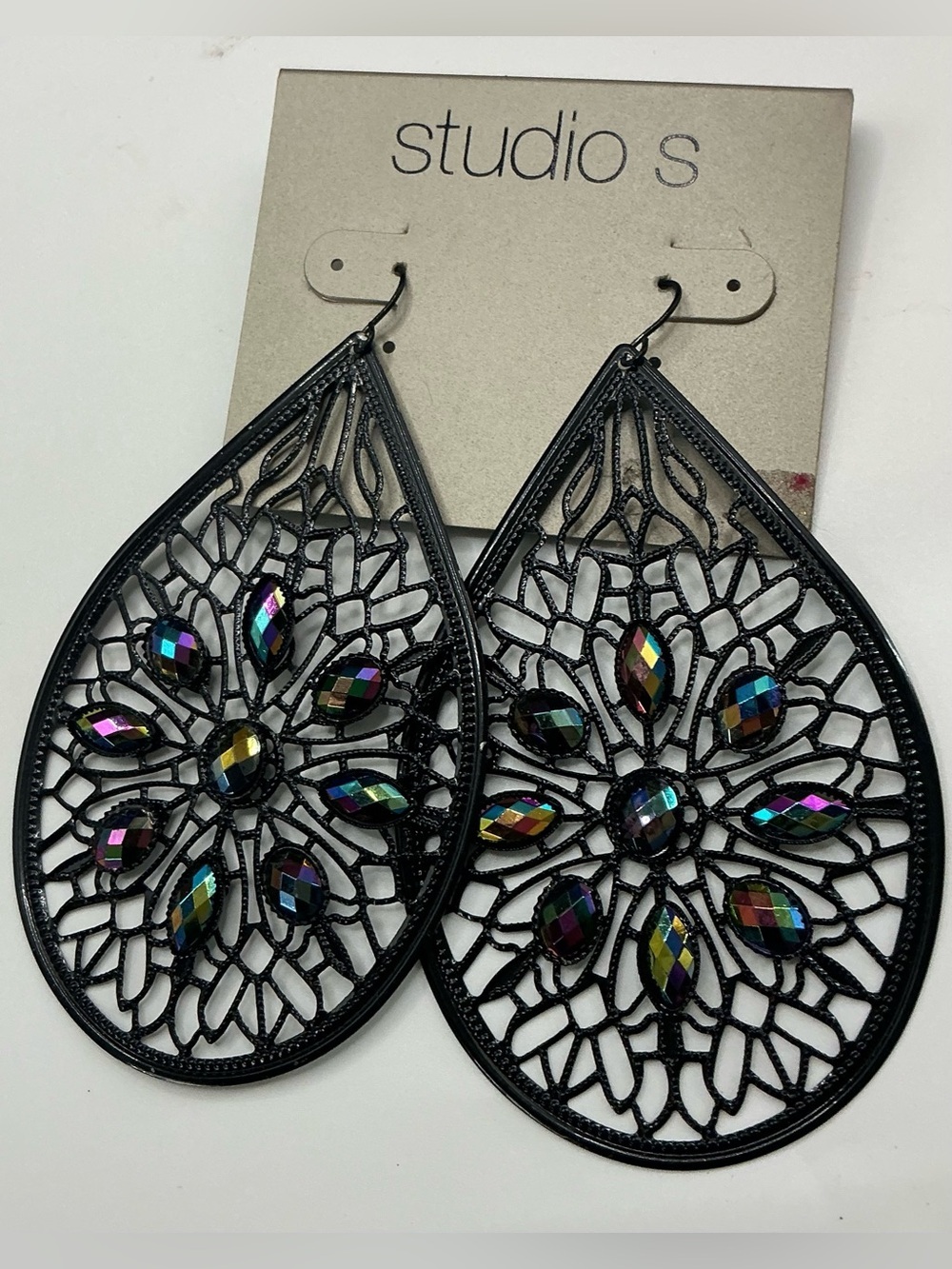 STUDIO S BLACK FILAGREE LARGE TEARDROP EARRINGS WITH IRIDESCENT GEMS